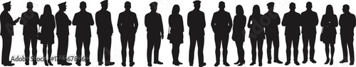 Silhouettes of diverse people, standing in line, casual and formal attire, authority figures, crowd dynamics, social interaction,