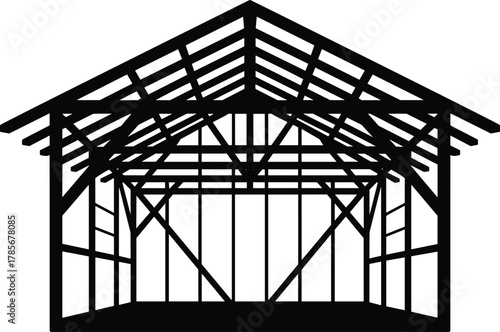 Wooden gable roof structure, black and white line drawing, architectural framework, timber framing, construction beams, residential building design, structural engineering illustration