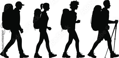 Silhouettes, hikers, trekking, outdoor, adventure, backpacks, walking, nature, exploration, mountain, trail, gear, boots, travel, wilderness, group, journey, active, lifestyle,