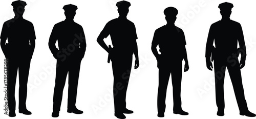 Silhouettes of uniformed individuals standing in row, black shadow figures, posture study, team formation, identity concept, minimal design, white background, military style