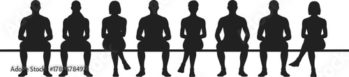 Silhouettes, people, sitting, bench, waiting, diversity, social, interaction, minimal, graphic, illustration, posture, urban, lifestyle, 