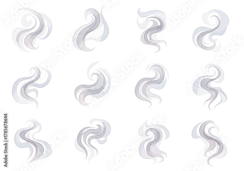 Collection of stylized gray smoke or steam plumes on white background.