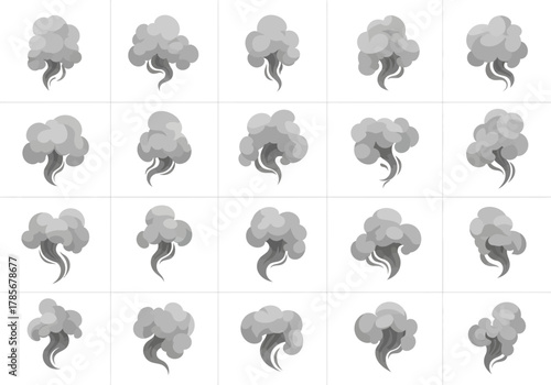 Cartoon Smoke Animation Frames: Gray Clouds with Rising Swirls.