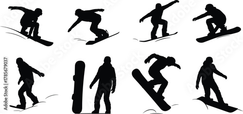 Snowboarding silhouettes, winter sport action, snowboard tricks, dynamic poses, freestyle jump, mountain snow, extreme sports,
