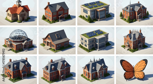 Illustration of a school building in front of mountains with education icons.