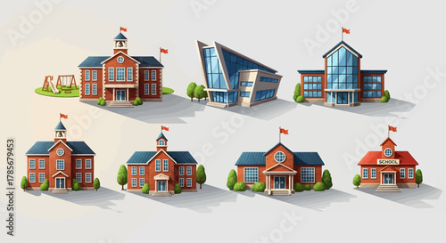 Illustration of a school building in front of mountains with education icons.