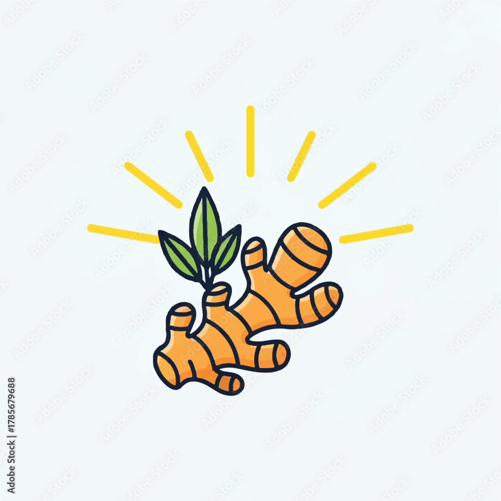 Fototapeta premium A cartoon ginger root with green leaves and yellow rays
