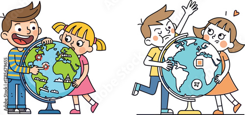 Cute cartoon kids exploring globe, learning geography, travel education concept, world map study, adventure discovery illustration, children global learning drawing