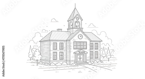 Illustration of a school building in front of mountains with education icons.