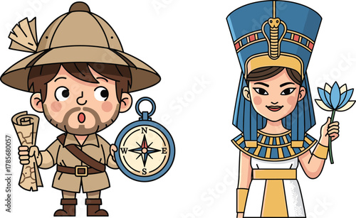 Cute cartoon explorer holding map and compass with ancient Egyptian queen holding lotus flower, history culture and adventure illustration design
