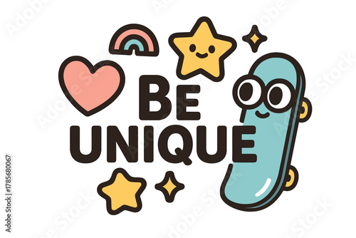 Unique and colorful design featuring a skateboard with cheerful elements and an encouraging message for self-expression