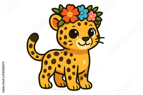Cute leopard cartoon with a flower crown standing cheerfully in a playful pose