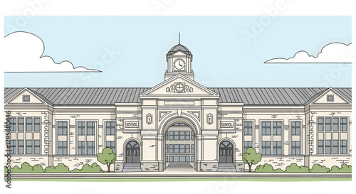 Illustration of a school building in front of mountains with education icons.