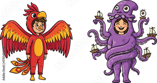 Funny kids wearing phoenix and octopus costumes, cute cartoon children dressed as mythical bird and sea monster character illustration for fantasy concept