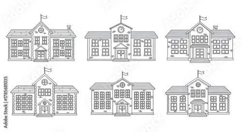 Illustration of a school building in front of mountains with education icons.