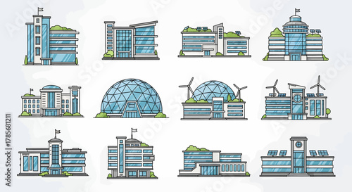 A collection of modern and futuristic building icons, featuring sustainable designs with solar panels and wind turbines.
