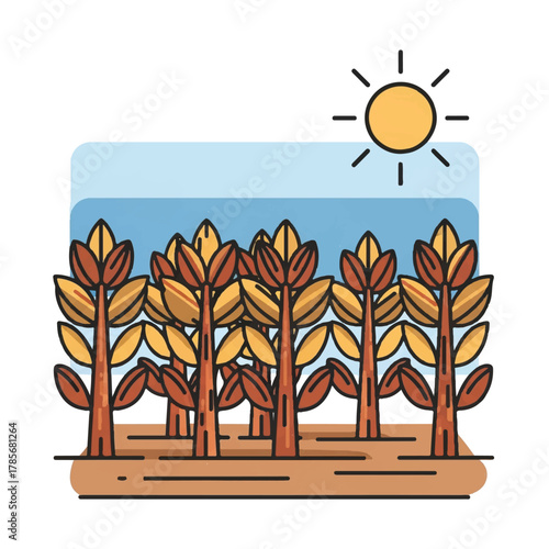 A field of crops under a sunny sky