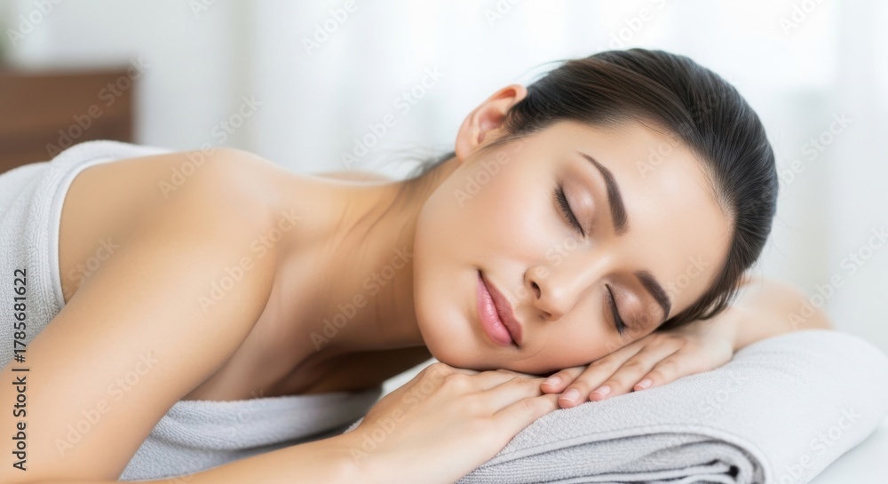 Obraz premium Peaceful woman sleeping comfortably on bed with soft pillow and relaxed expression