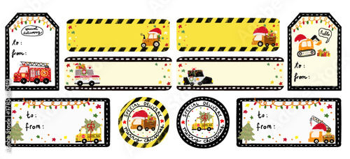 Set collections clipart of blank empty kids christmas gift label tag stickers with community cars under construction traffic transportation themes watercolor crayon doodle illustration design