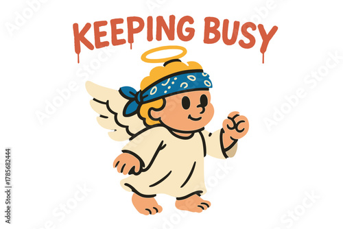 Cute angel character walking with a cheerful expression while wearing a headband and casual clothing