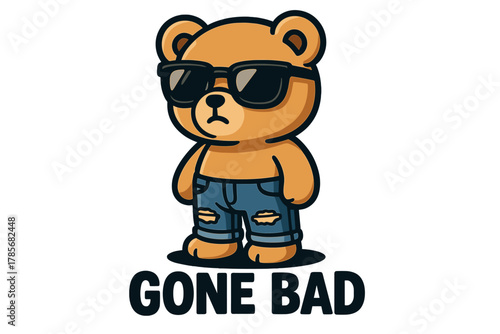 Cool bear character in casual outfit showcasing attitude with sunglasses and ripped jeans