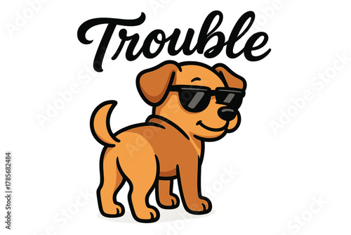 Cool dog wearing sunglasses with the word Trouble in a playful graphic design