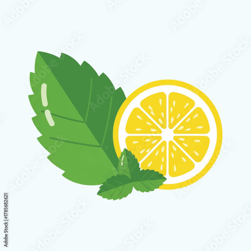A lemon slice and mint leaves on a pale blue background