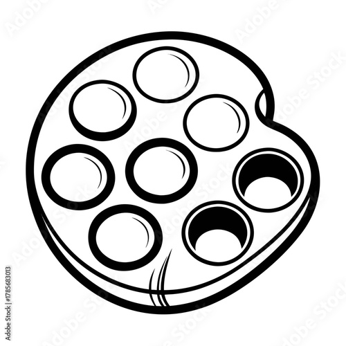 A simple, bold black and white line drawing of a revolver cylinder with seven chambers, some empty and some filled.