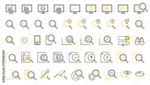 サーチ　リサーチ　アイコン　ビジネス　データ　グラフ　探す　調べる　イラスト　ベクター　複数　線