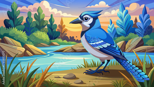 Very beautiful Blue Jay standing at the water’s edge in central Minnesota, featuring detailed feathers, soft natural light, gentle reflections on the shoreline, and a realistic peaceful wildlife scene