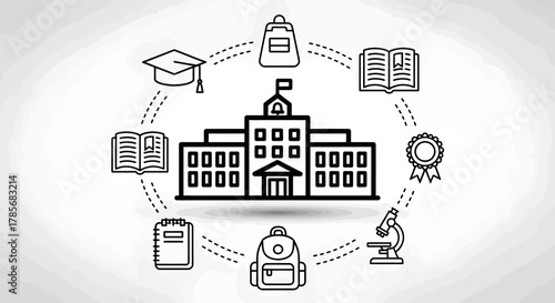 Conceptual line art illustration of a school building surrounded by various educational icons representing learning, academic resources, and student life.