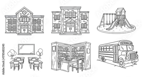 Black and white illustration of a school building, playground, classroom, library, and school bus.