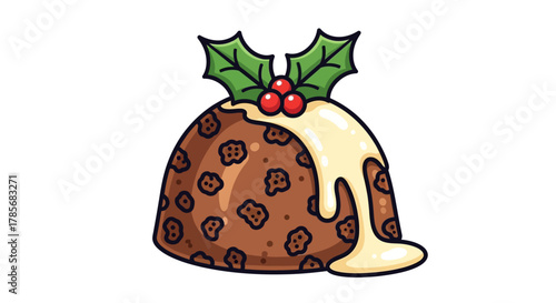 Festive Christmas pudding drizzled with creamy custard and adorned with holly berries, perfect for holiday celebrations and winter treats.