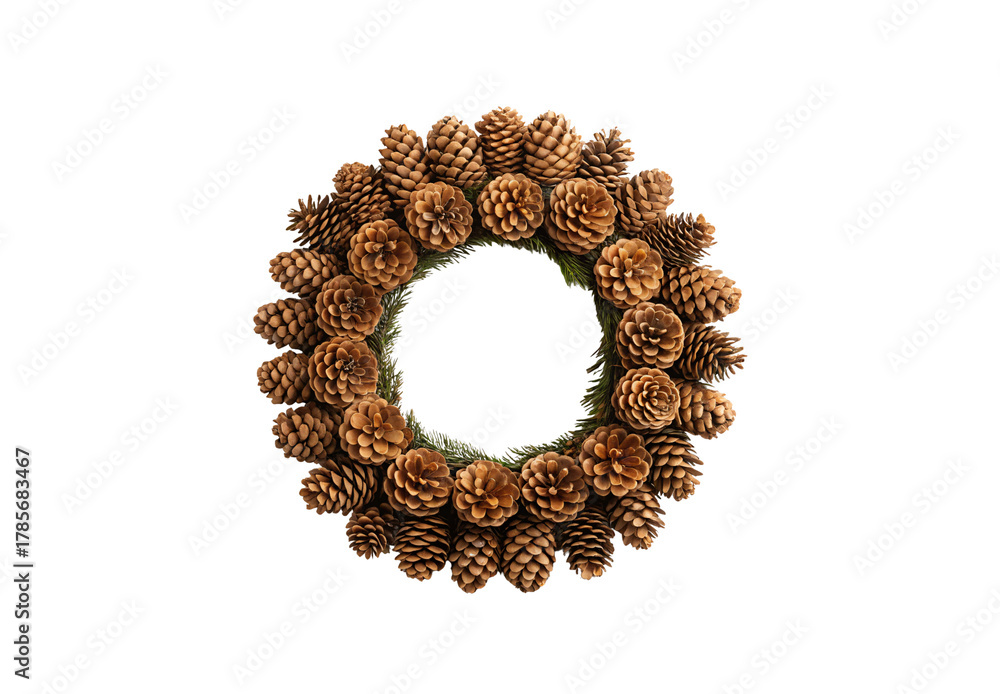 Obraz premium Pine cone wreath with evergreen sprigs, natural woodland design, festive circular arrangement, winter decoration, isolated on a transparent background