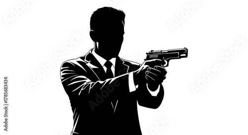 Man in suit holding gun vector illustration black and white art