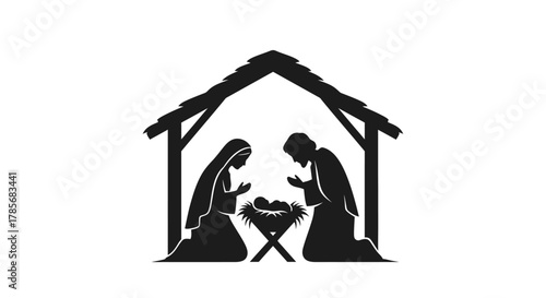 Serene nativity scene silhouette captures the birth of Jesus with Mary and Joseph kneeling in awe and reverence within a stable.