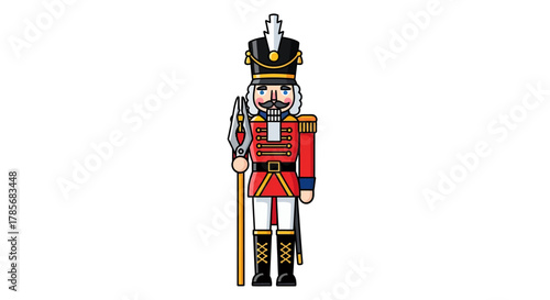 Charming nutcracker soldier in vibrant uniform holding a spear, perfect for festive holiday designs and whimsical storytelling
