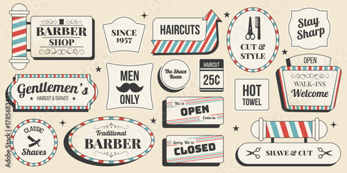 Retro barbershop sticker set with vintage scissors, razor, pole, comb and mens grooming signs in classic 1950s Americana style. Vector illustration template for logo design, posters, branding