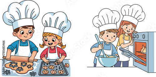 Happy kids baking cookies together in kitchen, cartoon children wearing chef hats, cooking fun, teamwork, learning, family activity illustration