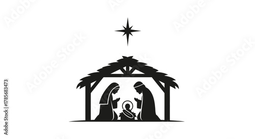 Iconic Nativity scene silhouette with Mary, Joseph, baby Jesus, and the Star of Bethlehem, symbolizing hope and spiritual beginnings.