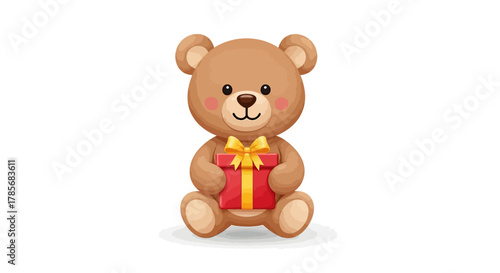 Adorable teddy bear character holding a bright red gift box tied with a cheerful yellow ribbon, perfect for celebrations and special occasions.