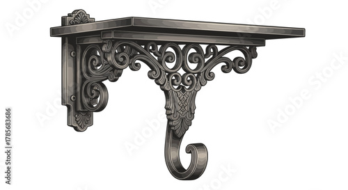 Exquisite ornate wrought iron shelf bracket with decorative scrollwork and hook, adding vintage elegance to any home decor project or architectural detail.