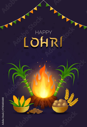 Lohri festival indian fire harvest celebration with bonfire, sugarcane, corn and sweets. Punjabi night festive design with devotion and mandala. Vector illustration
