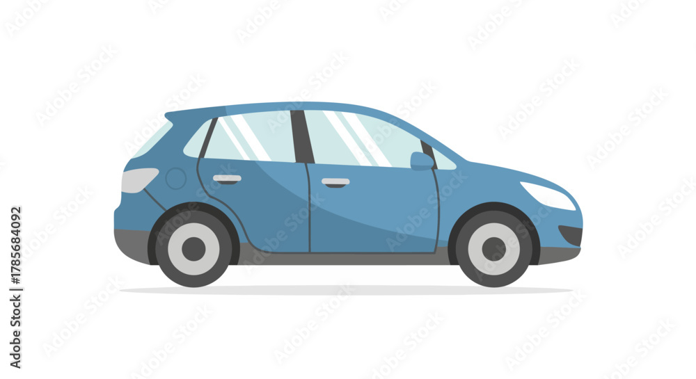 Fototapeta premium Blue hatchback car illustration on a white background.