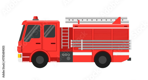 Red fire truck with ladder on top, side view, on white background.