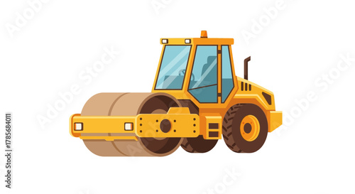 Illustration of a yellow road roller with a large drum.
