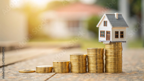 Fototapeta Naklejka Na Ścianę i Meble -  Modern house model on stacked coin growth wealth plan creation business goals finance inspiring investment concept