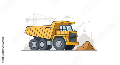 Illustration of a yellow dump truck with a pile of dirt in front of it, construction site in the background.
