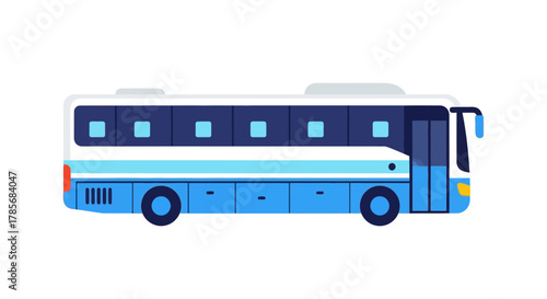 Illustration of a blue and white bus with a row of windows and a side door.