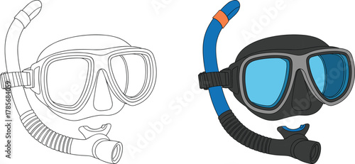 Scuba diving mask vector, snorkeling goggles illustration, underwater breathing equipment, professional dive snorkel gear, ocean sport design on white background
